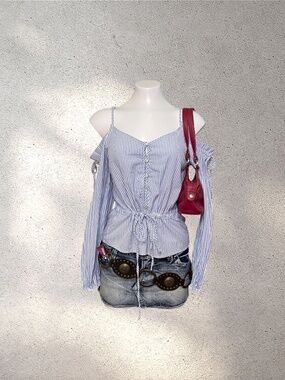 LUMIÉRE Pinstripe Cold Shoulder Top | Y2K Office Siren Coquette